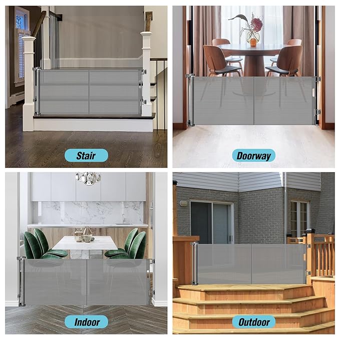 24 Inches Tall Retractable Baby gate for Dogs, Short Pet Gates to Step Over, Extends up to 55" Wide, Reinforced Mesh Doggie Gates for Indoors Outdoors Small Dog Gate for Stairs Puppy Gate (Grey)