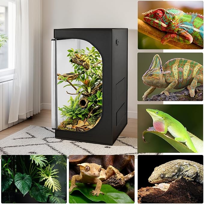 REPTIZOO 120 Gallon Reptile Tent Habitat 24"x24"x48" High Reflective Reptile Terrarium Cage Plant Grow Tent with Ventilation Window and Waterproof Base Tray for Lizards, Bearded Dragons