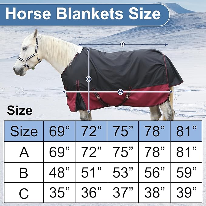 1200D Ripstop Waterproof Breathable Horse Blanket (200g Fill), Medium Weight Warm Winter Turnout, Thermal Protection for Cold & Snow Blackwine 72"