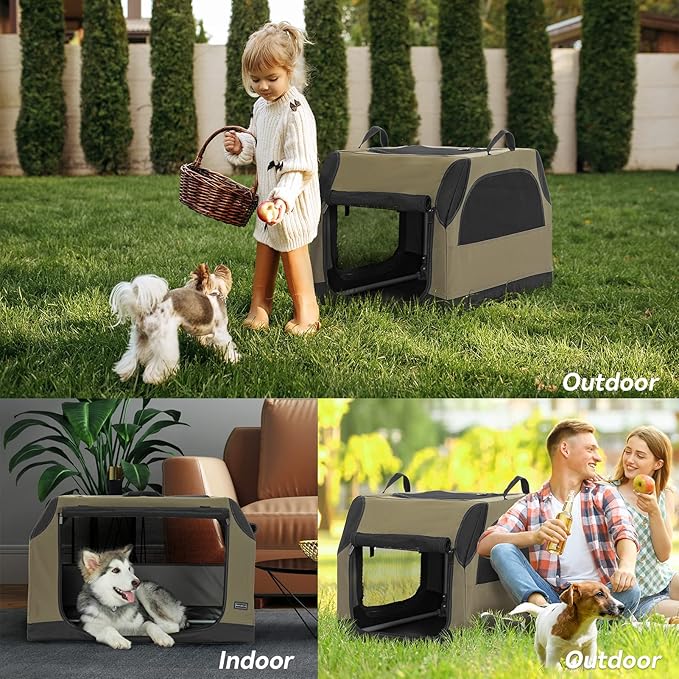 PETSFIT Travel Dog Crate, Soft Dog Crate - 24 Inch Sturdy Adjustable Structure, Easy to Set Up, Portable Dog Kennel for Car, Light Tough with 3 Mesh Doors, Army Green