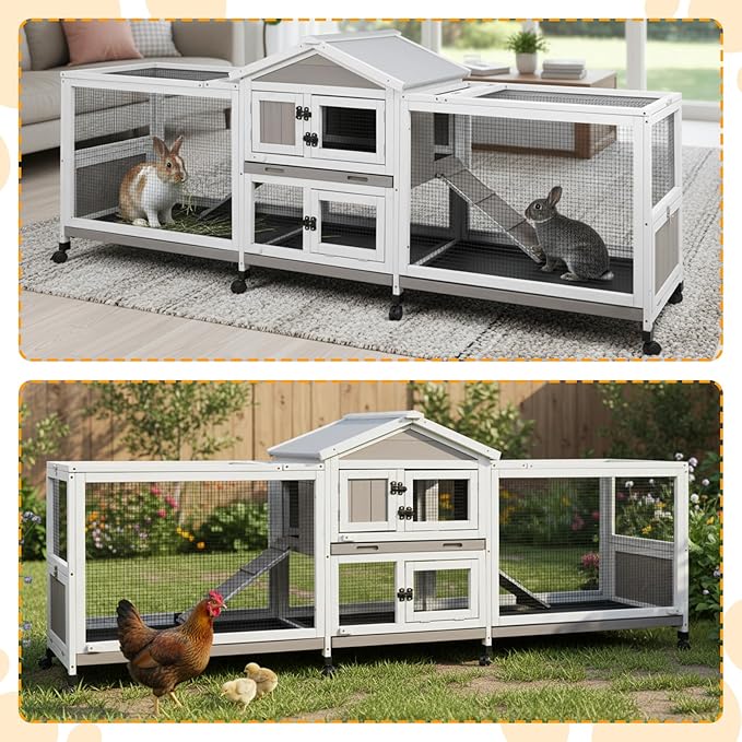Gowoodhut 2 Story Rabbit Hutch Indoor & Outdoor Wooden Rabbit Cage 93" Bunny Cage with Dual Metal Run,8 Wheels,4 Leak-Proof Trays,Anti Chew Ramp,Small Pet House for 1-3 Rabbits,Guinea Pigs Hamster