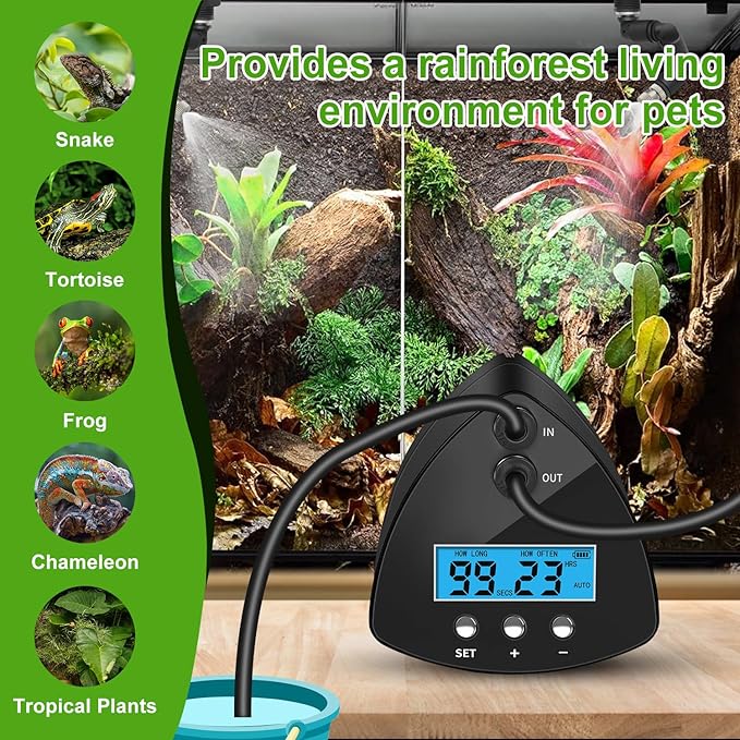 Reptile Mister System, Reptile Humidifier with LCD Screen, Mister for Reptile Tank with 2 Nozzles, Spray Kit for Rainforest Plants Amphibian