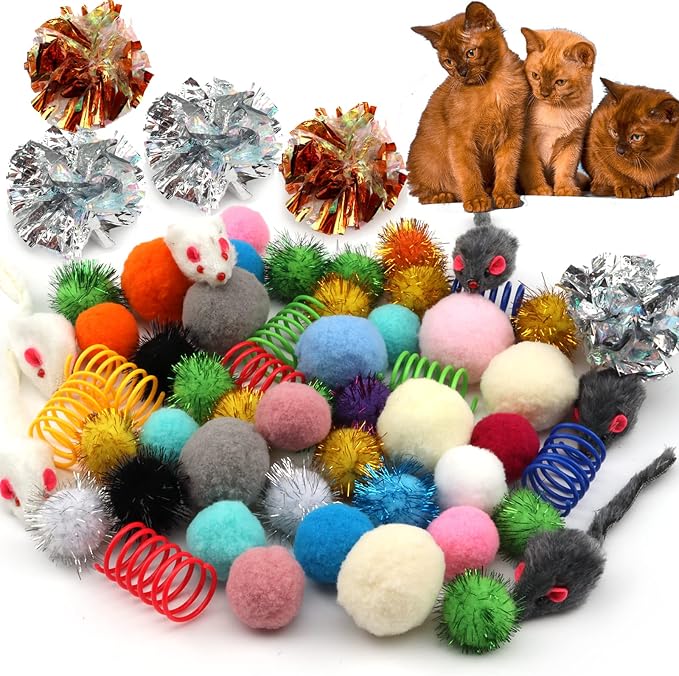 60 Pack Cat Toys - Assorted Kitten, Mouse, Crinkle & Pom Pom Balls - Image 9