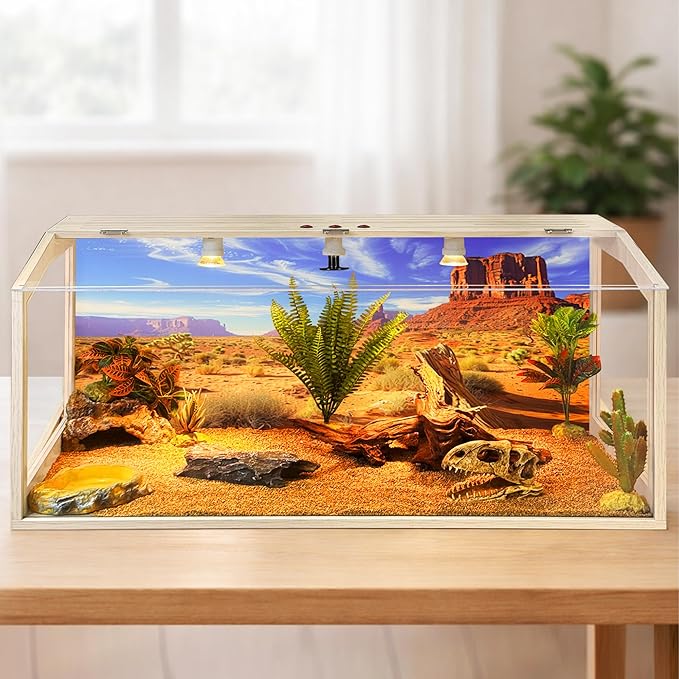 PROLEE Bearded Dragon Tank, Up to 81Gallon Reptile Enclosure, Tempered Glass Lizard Tank, Bearded Dragon Enclosure with Built-in Lamp Fixture for Chameleon (Skylight Roof, 81Gallons,48x19.5x19.5 Inch)
