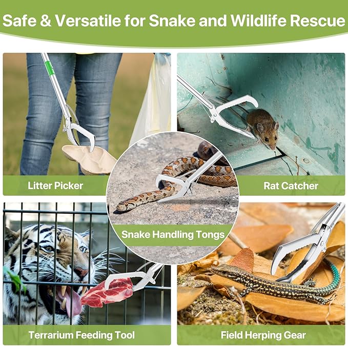 50" Folding Snake Grabber Tongs, Stainless Steel Snake Catcher Tool with Wide Jaws & Non-Slip Handle – Humane Reptile Handling Stick for Outdoor, Yard, Farm & Camping Use