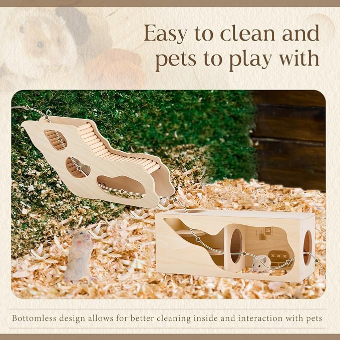 Seenelling 2 Pcs Hamster Hideout Set House and Tunnel, Exploring Tunnel with Climbing Ladder, Secret Observe Shed for Syrian Hamsters, Gerbils, Hedgehogs, Rats, Mice, Small Animals Pets Toys