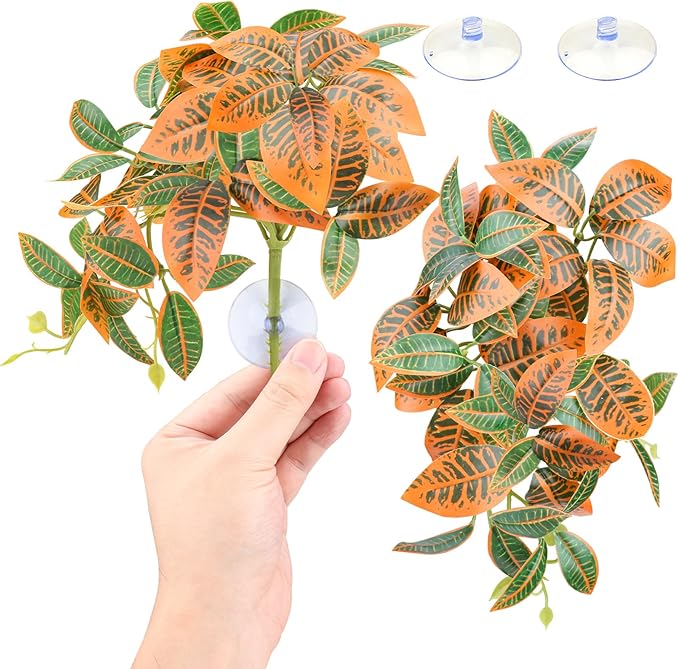 QUOZUO 2 Pack Reptile Plants, Artificial Hanging Plants with Suction Cups, Habitat Decor Plastic Vines Decorations for Bearded Dragons Lizards Snake Geckos Frogs -Gold