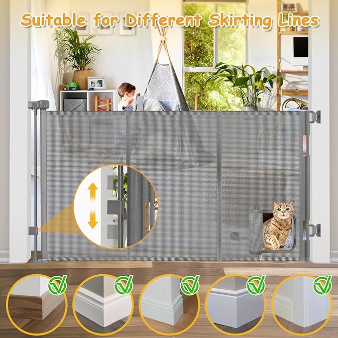 Reinforced 60” Wide Retractable Dog Gate with Cat Door Gates for Pets with Reinforced Strips 33” Tall Mesh Baby Gate Retractable Pet Gates for Dogs Indoor with Door Cats Can in and Out Freely, Gray