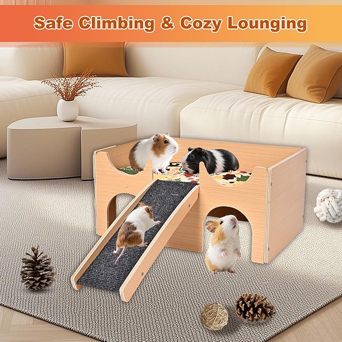 Wooden Guinea Pig Hideout, Multi-Cave Design Small Animal House, Guinea Pig Castle with Non-Slip Stairs and Double-Sided Mat