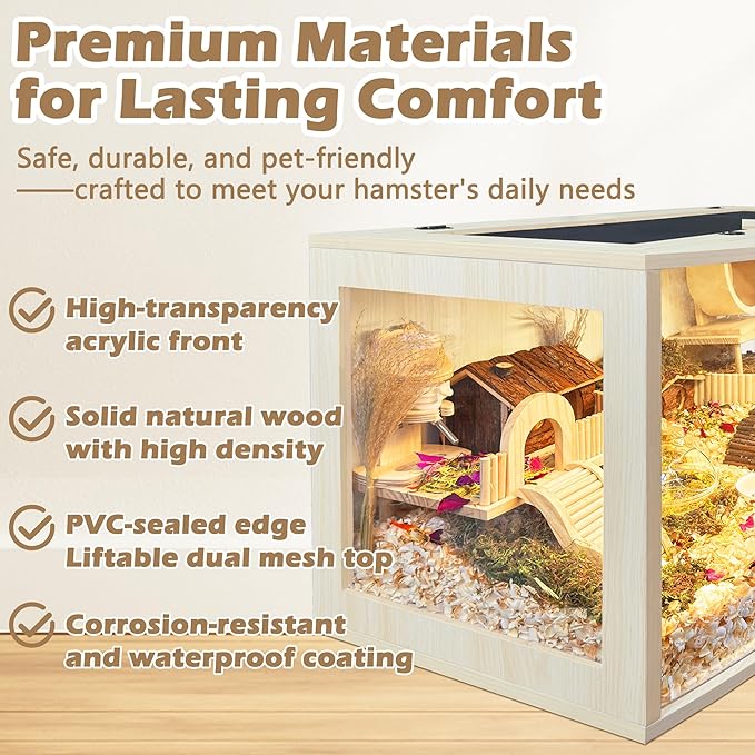 Prolee Hamster Cage Chew Proof Wood, Hamsters Enclosure Openable Top with Curved Design,Waterproof Small Animals Cage with Acrylic Sheets for Gerbils,Hamster Habitat(32 Inches)