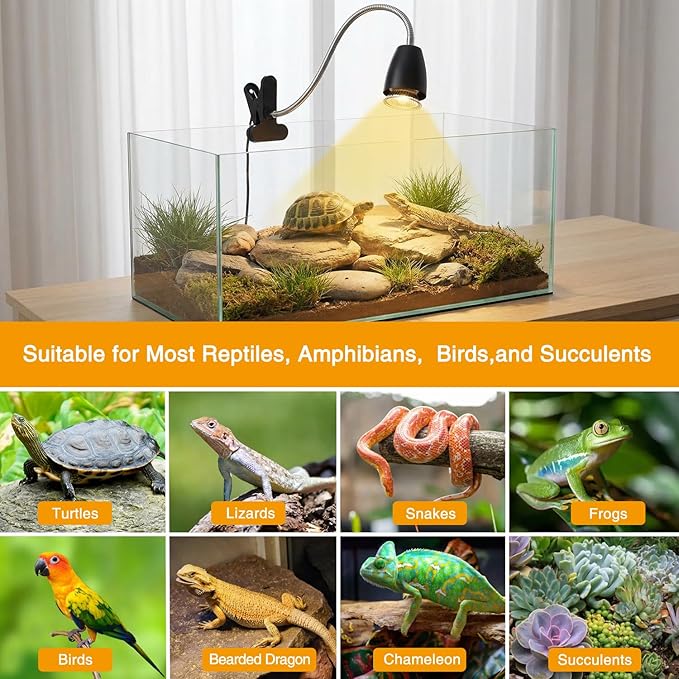 Reptile Heat Lamp with 2Pcs 50W UVA UVB Bulb, Turtle Heater Light with 360 Rotatable Basking Light with Clamp and Cycle Timer for Turtle Lizard Snake Amphibians