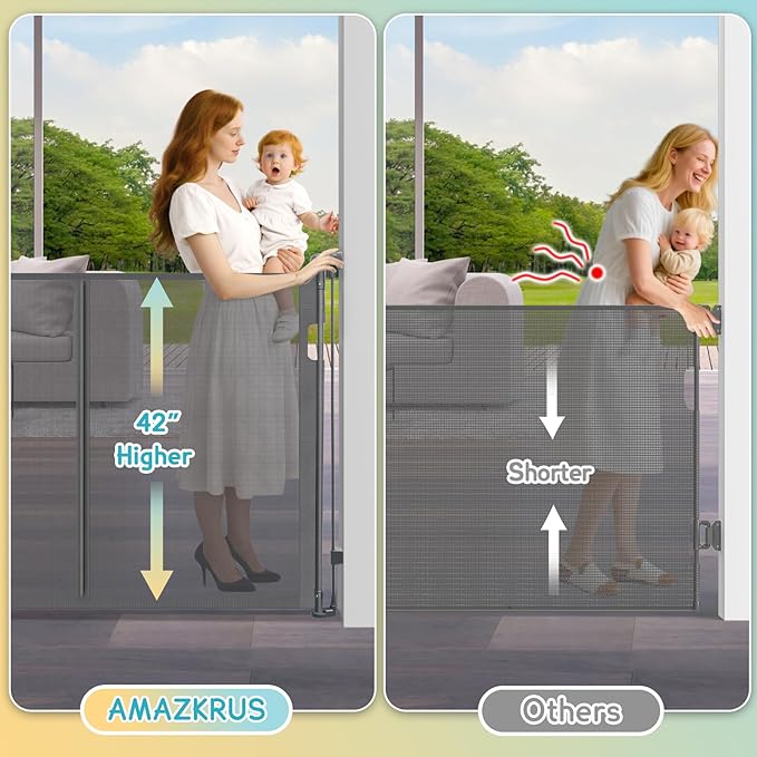 180'' Retractable Baby Gates Extra Wide for Stairs,42" Extra Tall Retractable Dog Gate for Doorways, Deck, 15 Foot Indoor/Outdoor Retractable Gate with Reinforced Rods, Grey Retractable Garage Gate