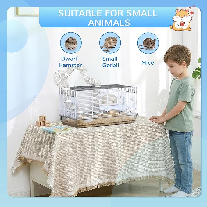 PawHut Hamster Cage, 2 Levels Gerbil Cage, Small Animal Cage for Dwarf Hamster with Tubes and Tunnels, Exercise Wheel, Food Dish, Water Bottle, Ramp, 23" x 13" x 12", Gray