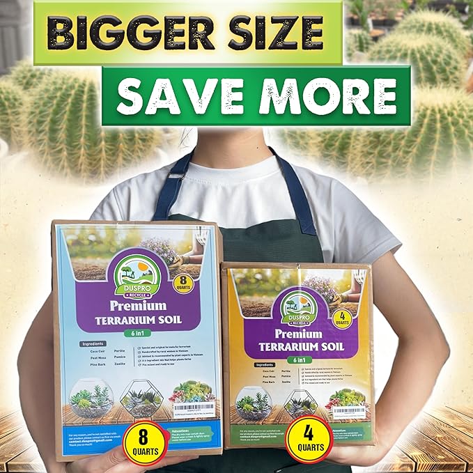 DUSPRO Recycle Premium 6in1 Terrarium Soil Mix ā Pre-Mixed Terrarium Substrate Mix for Terrariums, Balanced Moisture Growing Medium with Coco Coir, Peat Moss, Pine Bark, Perlite, Pumice & Zeolite 4QRT