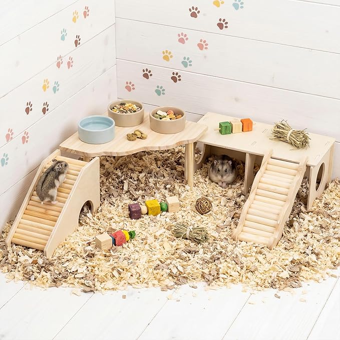 BreezeHug 4 Pcs Hamster Platform Hideout Wooden Tunnel Ladder Playhouse Hamster Game Climbing Toy with Platform Cage Accessories for Small Pets Dwarf Syrian Mice Degus Gerbils Squirrel(Peek)