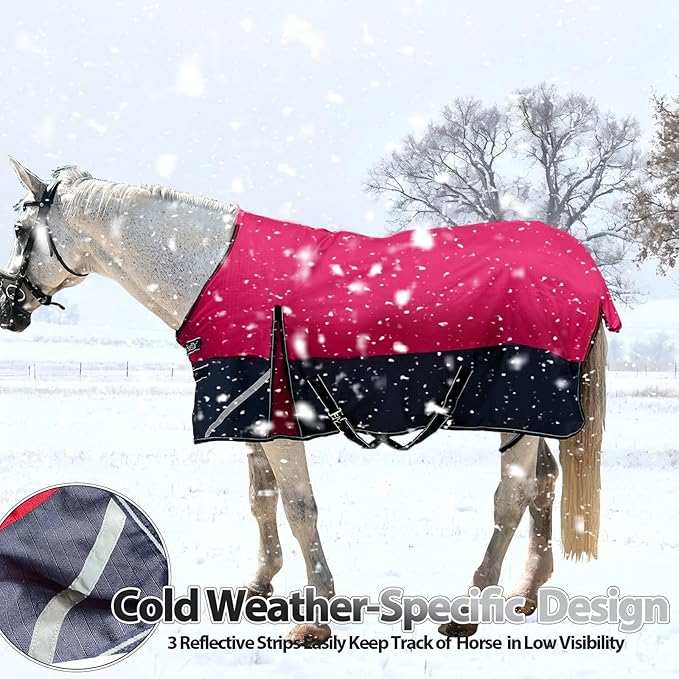 300g1200D Winter Waterproof and Breathable Horse Blanket Warm Turnout Blankets with Reflective Strips Design (Red/Blue, 69'')