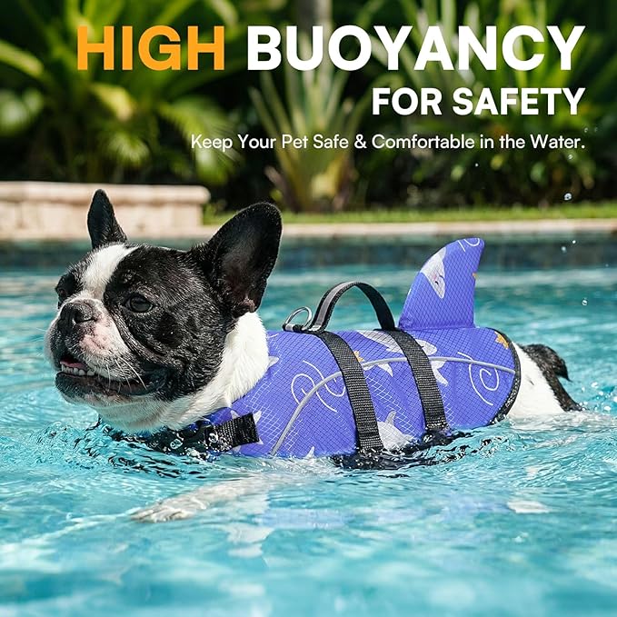 Queenmore Dog Life Jacket XS, Extra Small Dog Life Vest for Swimming Boating, Lightweight Dog Shark Life Jacket with Rescue Handle/Leash Hook/Reflective Strips