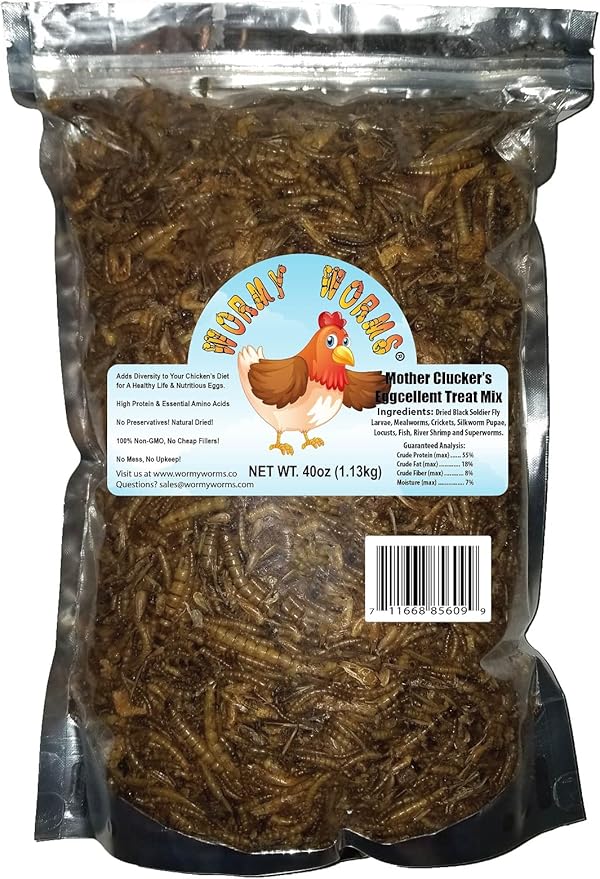 Wormy Worms Mother Clucker's Eggcellent Treat Mix for Chickens w/Dried Mealworms Crickets Silkworm Pupae Locusts Superworms River Shrimp (2.5 LB)