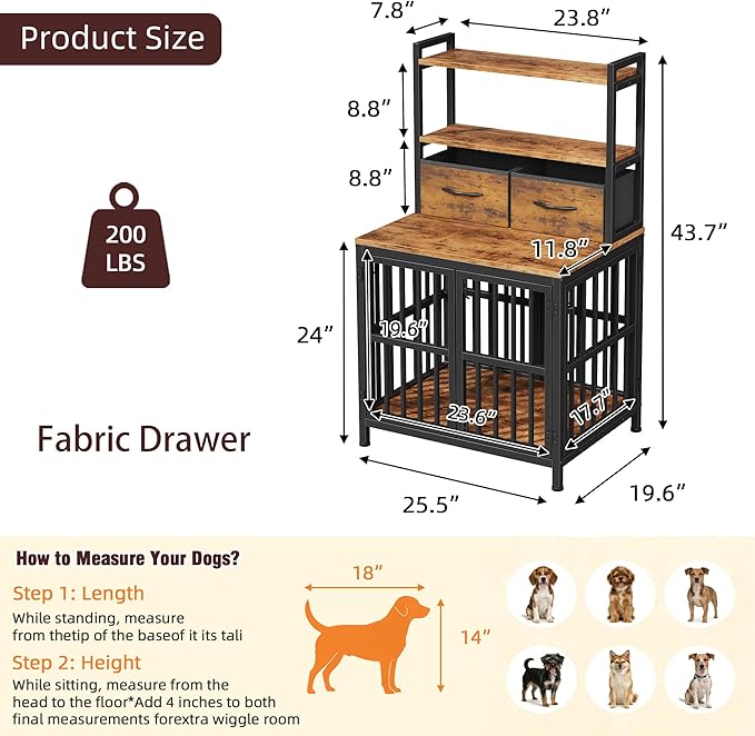 HIGDBFE Dog Crate Furniture with Drawer & Shelf, 25.5" Small Dog Crate with 4 Lockable Doors, Indoor Dog Kennel for Small Dogs, Anti-Chew Dog Cage with Storage, Rustic Brown, 43.7" H