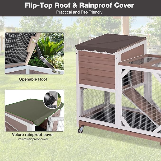 Large Rabbit Hutch Indoor Outdoor, 2-Tier Bunny Hutch with Wheels and Waterproof Roof, Wooden Guinea Pig Cage with Leak-Proof Pull-Out Trays, Multi-Door Bunny Cage for Small Animals