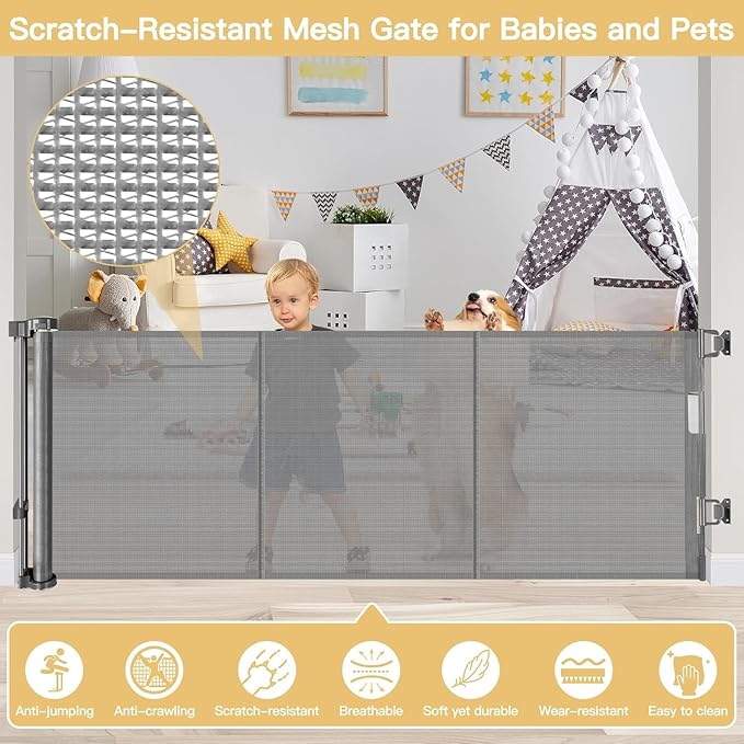 28 Inch Tall Retractable Baby Gates, 80" Wide Reinforced Retractable Dog Gate with Support Rods, Walk Through Pet Gate, Short Dog Gate Retractable Pet Gate, Mesh Baby Gate for Stairs, Doorways, Gray