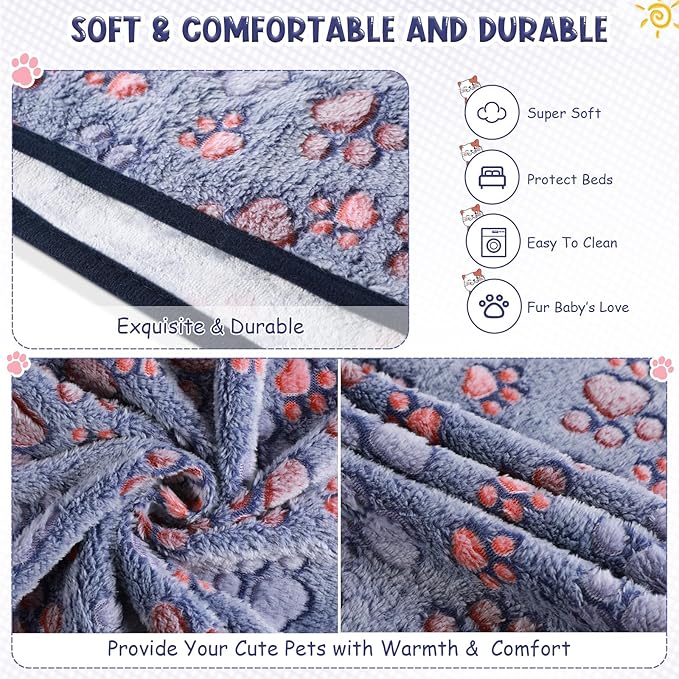 Tatuo 4 Pcs Dog Blanket for Pet Cat Blankets Indoor Puppy Teething Stuff Toys Paw Print Fleece Blanket Warm Sleep Mat for Guinea Pig Cage(Blue,Small(24 x 16 Inch),Square)