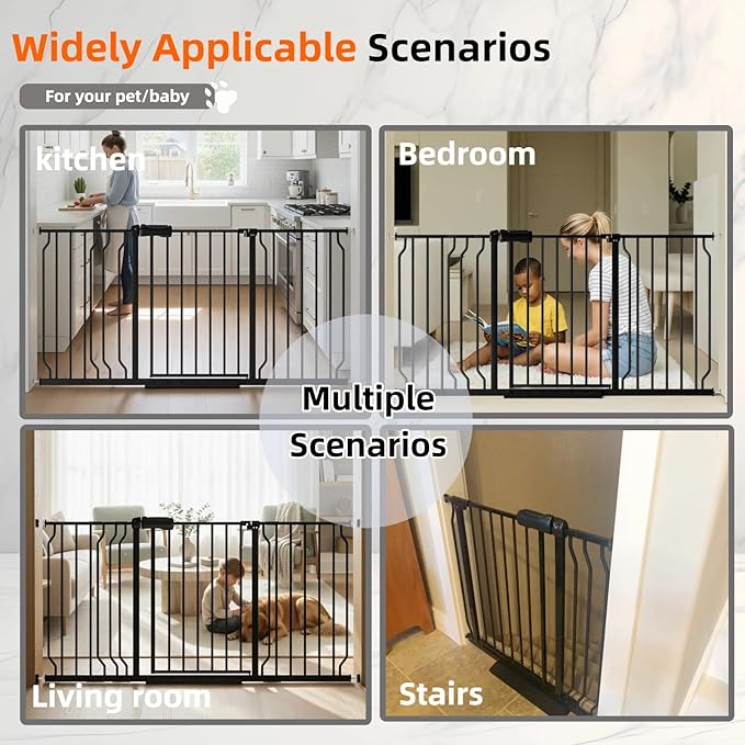 62.2"-71.65" Extra Wide Auto Closing Baby Safety Gate for Stairs & Doorways, Pressure Mounted No Drill Pet Gate with Walk-Through Door - Heavy Duty Childproof Gate for Toddlers, Kids, Dogs