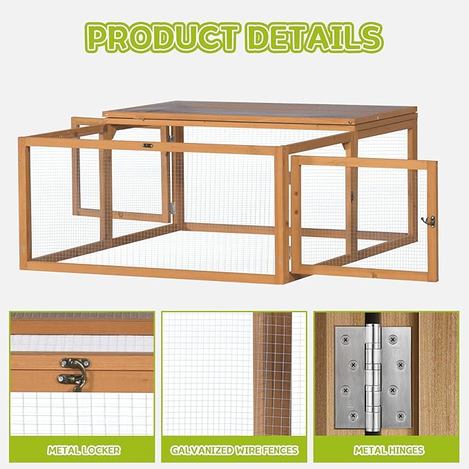 Chicken Coop Run, Rabbit Hutch, Portable Wooden Bunny Cage for Indoor/Outdoor, Small Pet Animal House with 3 Doors Openable, 47'', Natural Color (S)