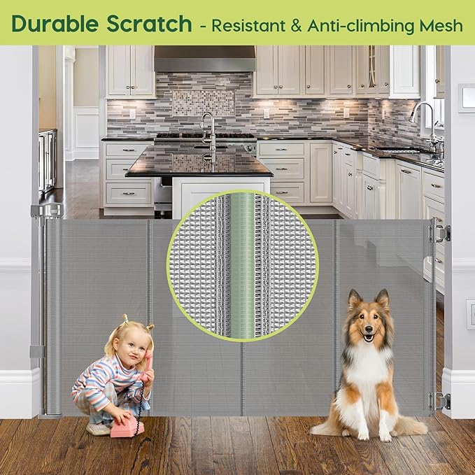 Reinforced 55" Wide Retractable Dog Gate with Support Rods, 33" Tall Retractable Baby Gate for Dogs, No Sag and Wrinkle Mesh Child Gates for Doorways, Indoor Pet Barrier Stair Gates for Kids, Gray