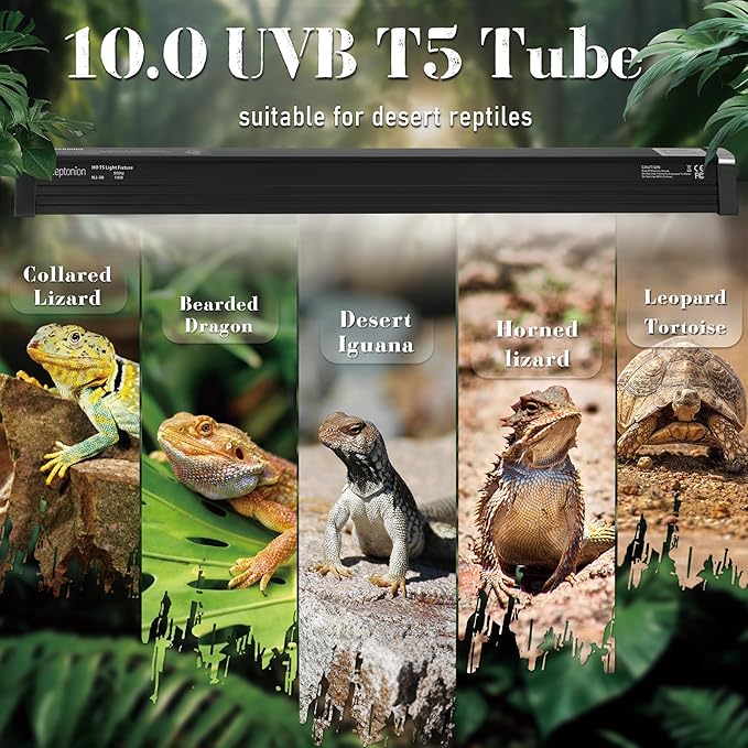 39W Reptile T5 HO UVB 34.5" 10.0 Light Fixture with Tube, Strong UVB Hood for Terrariums, Suitable for Desert Reptiles Like Sulcata Tortoise