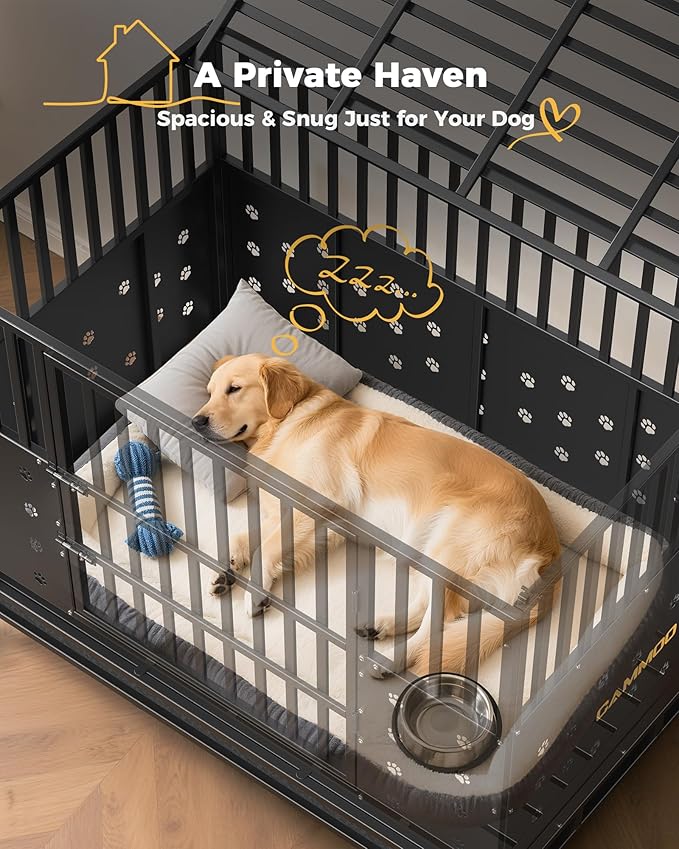 Cammoo 48'' Heavy Duty Dog Crate for Large Dogs, – Upgraded Chew-Proof Panels, Comfort-Widened Floor Panel, Dog Kennel Indoor, Adjustable Internal Height, Easy-Access Wide Door, 4 Lockable Wheels