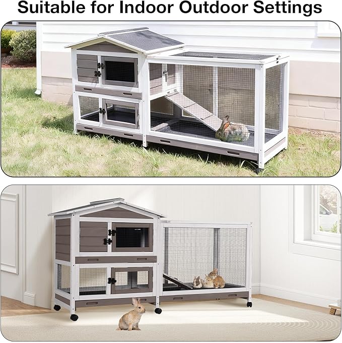 62″ 2-Story Large Rabbit Hutch with Chew-Proof Ramp, 3 Leakproof Trays, Waterproof Roof, 6 Lockable Wheels for Rabbits & Guinea Pigs (Brown)