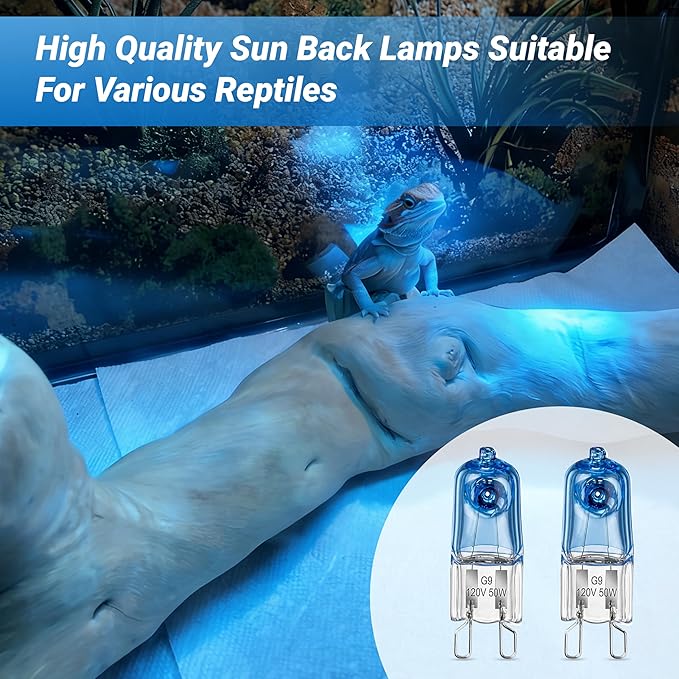 G9 50W Heat Lamp Bulbs for Reptile, Mini Halogen Bulb, Infrared Reptile Heat Lamp for Bearded Dragon Gecko Turtle Lizard,Day Blue-2 Pcs