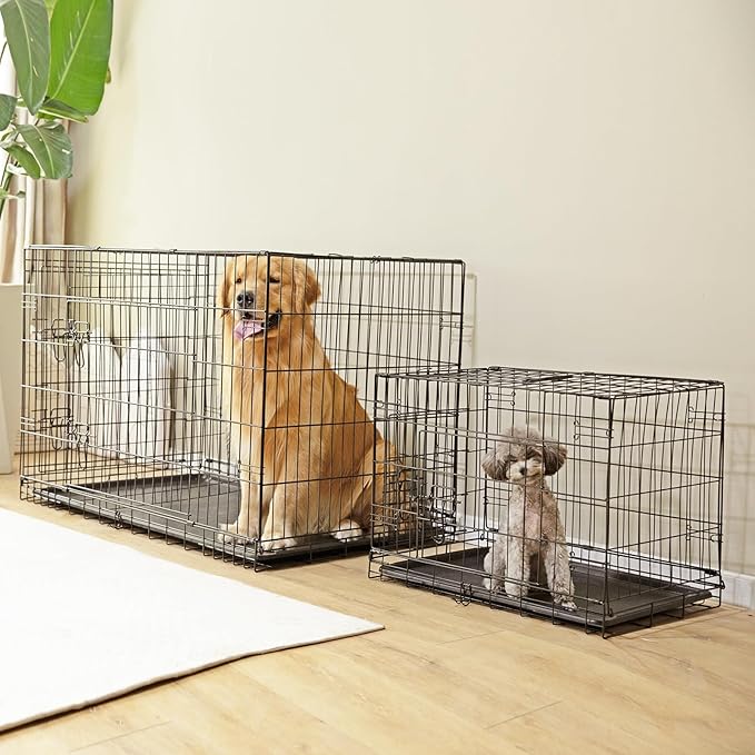Sweetcrispy Large Dog Crate, 36 Inch Double Door Folding Metal Wire Dog Cage with Plastic Leak-Proof Pan Tray, Pet Kennel for Indoor, Outdoor, Travel