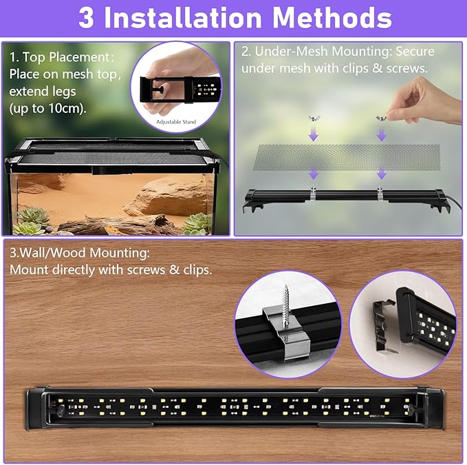 LED UVA UVB Light Fixture for Reptiles, 12.0/10.0/5.0 UVB Reptile Light for Bearded Dragon, with 4 UV Modes,10-Level Dimming 6500K & 24H Cycle Timer for Tropical & Desert Reptile, 14W, 15.7-in