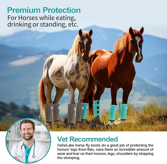 Mesh Horse Fly Boots Set of 4, Loose Fitting Leggings for Horses, Reduce Stressful Stomping, Breathable Adjustable and Universal Fit for 4 Legs, Reliable Stay Put (Mint)