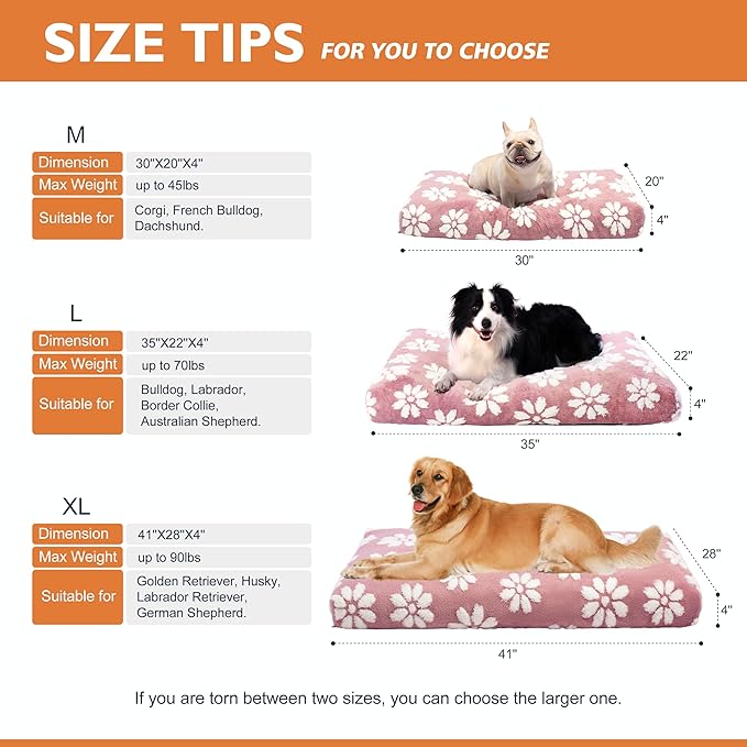 Dog Beds for Large Dogs, Cute Thick Dog Bed for Crate Kennel, Fluffy Pet Bed with Removable Washable Cover and Anti-Slip Bottom, 35"x 22", Pink Flower