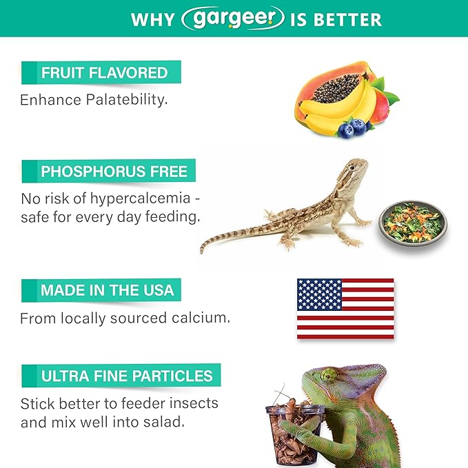 Gargeer 4oz All Reptile Calcium with Vitamin D3, Phosphorus-Free, Ultrafine Powder. Pure dust, Real Fruits Blend Flavored Ready to Use Supplement, for Lizards & Amphibians. Made in the USA. Enjoy !