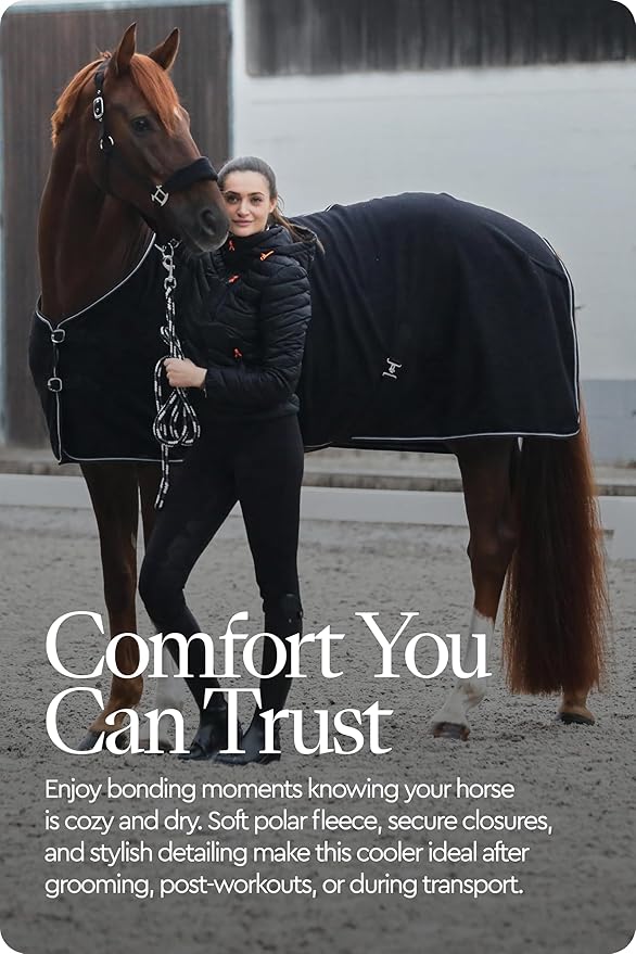 HORZE Kiel Fleece Horse Cooler Blanket | Quick-Dry Fleece Horse Cooler Sheet with X-Surcingles & Tail Cord - Black - 78 in