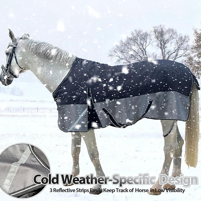 300g Fill 1200D Mid-Heavy Weight Winter Waterproof and Breathable Horse Blanket Belly Straps| Turnout Blankets with Reflective Strips (Black/Gray, 78'')