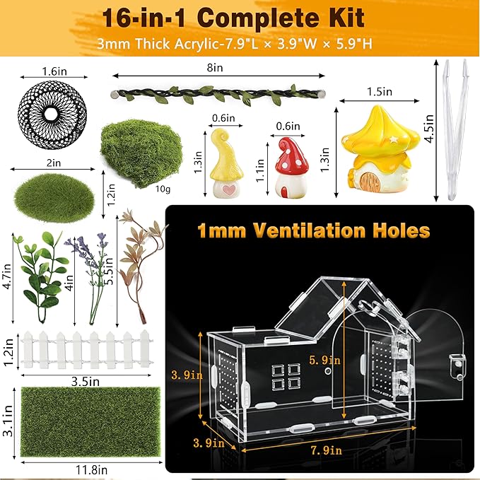 Jumping Spider Enclosure, Acrylic Cabin Terrarium with Sloped Roof & Magnetic Front Door, for Arboreal Pets, Mantis, Small Reptile Habitat (Green, L 7.9",W 3.9",H 5.9")