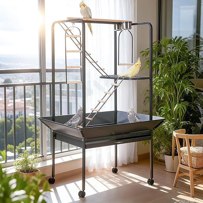 Garvee 64'' H Inch Birdcage Stand Play Center with Perches and Ladders, Indoor Outdoor Playground for Birds, Bird Playstand w/Rotated Ring Removable Tray, Lockable Caster, for Macaw and Parakeet