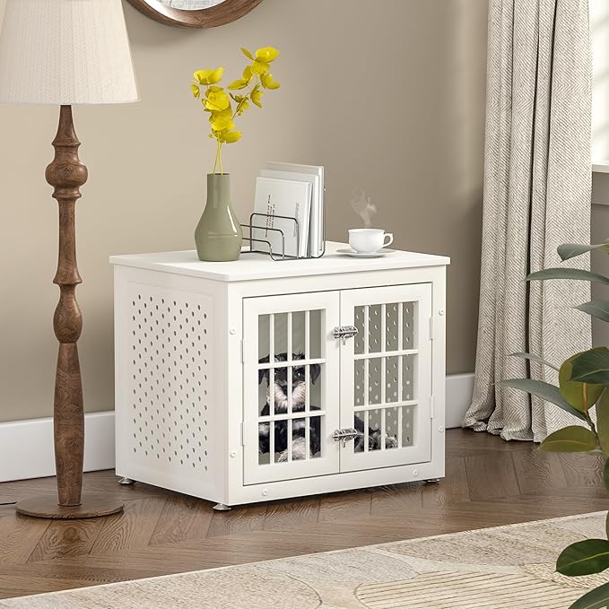 rehomerance 26" Heavy Duty Dog Crate Furniture for Small Dogs, Metal Kennel for High Anxiety Dogs, Chew Proof Pet Cage Indoor, Decorative Kennel End Table, White