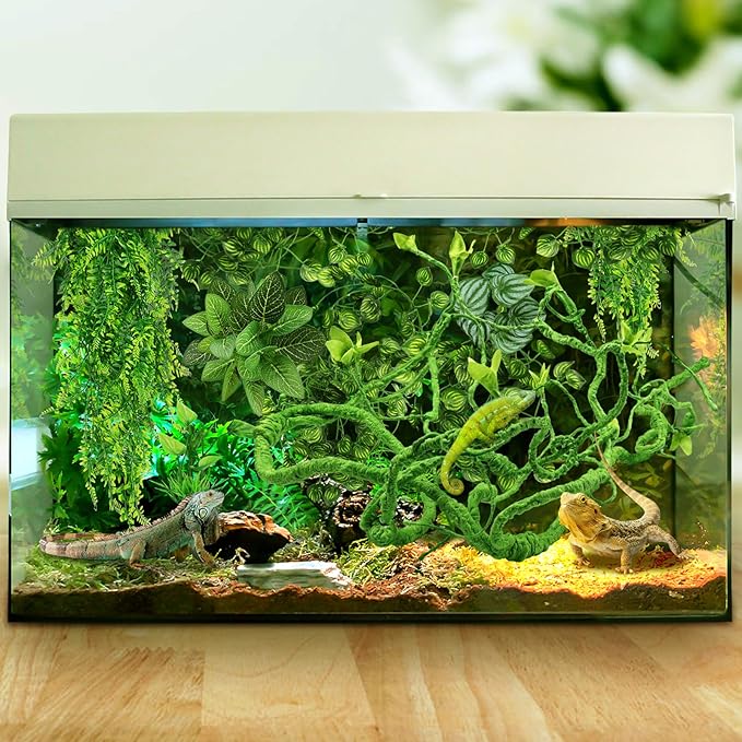 QUOZUO Bearded Dragon Tank Accessories for Habitat, Terrarium Hanging Plants Artificial Leaves Reptile Hide, Leopard Gecko Tank Accessories Hide Terrarium Decor for Lizard Geckos Chameleon Snake
