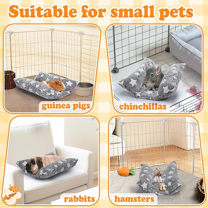 MEWTOGO 15.7" x 14" Bunny Bed for Rabbit Cage - Thickened Soft Prevent Sore Hocks Plush Mat with Cotton Lounger Pillows, Small Animal Flop Mat for Hutch Sleeping Indoor, Gray-Star