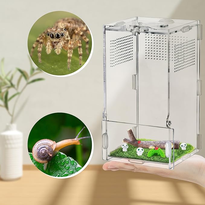 VERTUPET 4''x4''x8'' Jumping Spider Enclosure with Accessories, Acrylic Arboreal Reptile Tank with Resin Branch, Glow Fairies, Hideout & Artificial Grass Mat, Reptile Habitat Box for Spiders