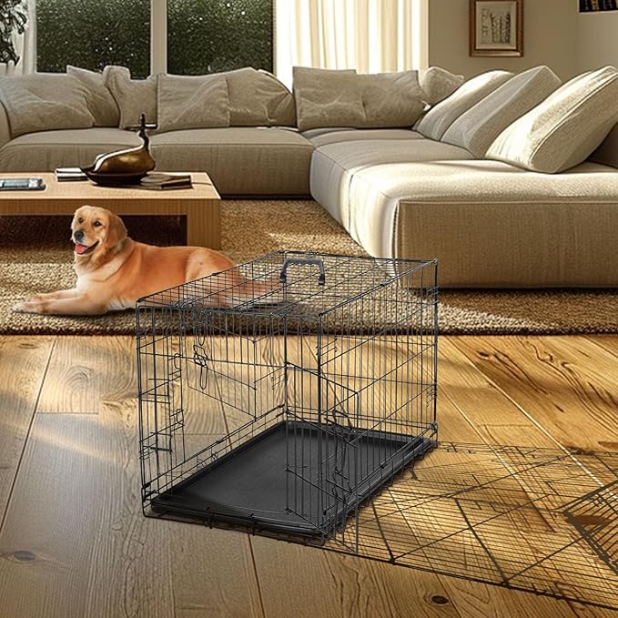 Dog Crate, 48 Inch Extra Large Double Door Portable Dog Cage, Metal Wire Pet Kennel with Secure Lock, Leak-Proof Pan Tray, Foldable Design for Dogs Pets Indoor Training and Outdoor Trave
