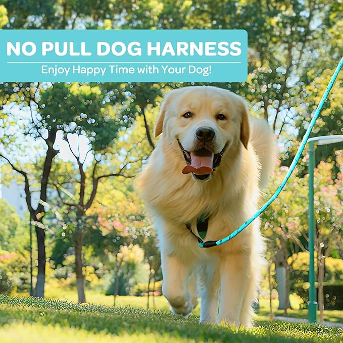 FURRYFECTION Plaid Dog Harness for Large Dogs, Reflective No Pull Adjustable Pet Vest with Front Clip, Leash, Easy Control Handle and Seat Belt, Turquoise, L