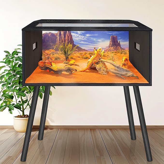 Prolee 36 Gallon Reptile Tank, Tempered Glass Bearded Dragon Tank with Wooden Roof and Lockable Doors, Large Lizard Habitat with Built-in Lamp Fixture for Snakes, Iguanas, Chameleons (Black)