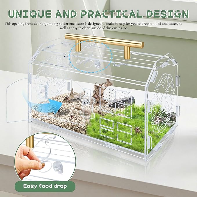 Acrylic Jumping Spider Enclosure, 8.7x5.1x6.9 Inch Tarantula Enclosure with Front Opening Door& Feeding Holes and Handle, Transparent Terrarium for Reptiles, Amphibians and Spiders